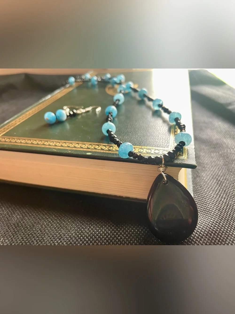 Handmade Black & Turquoise Beaded Necklace and Earring Set